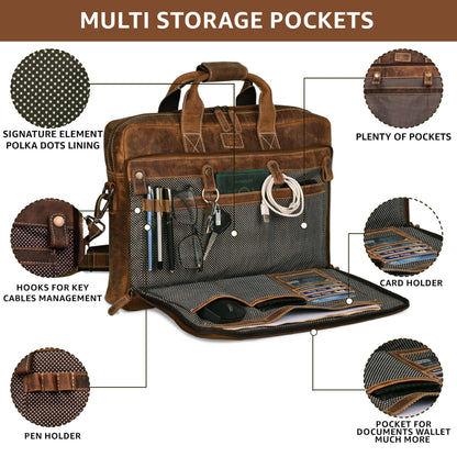 LEATHER VILLAGE 18" Leather Laptop Messenger Briefcase Bag for Men-Leather Satchel for Travel and Office Shoulder Bag- Sun Tan Brown