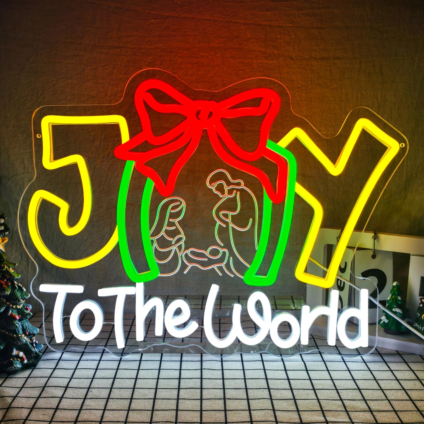 Joy to Tthe World Neon Sign Christmas Neon Sign for Wall Decor christmas Neon Light Dimmable Christmas Neon Light Sign for Bedroom Living Room Holiday Party