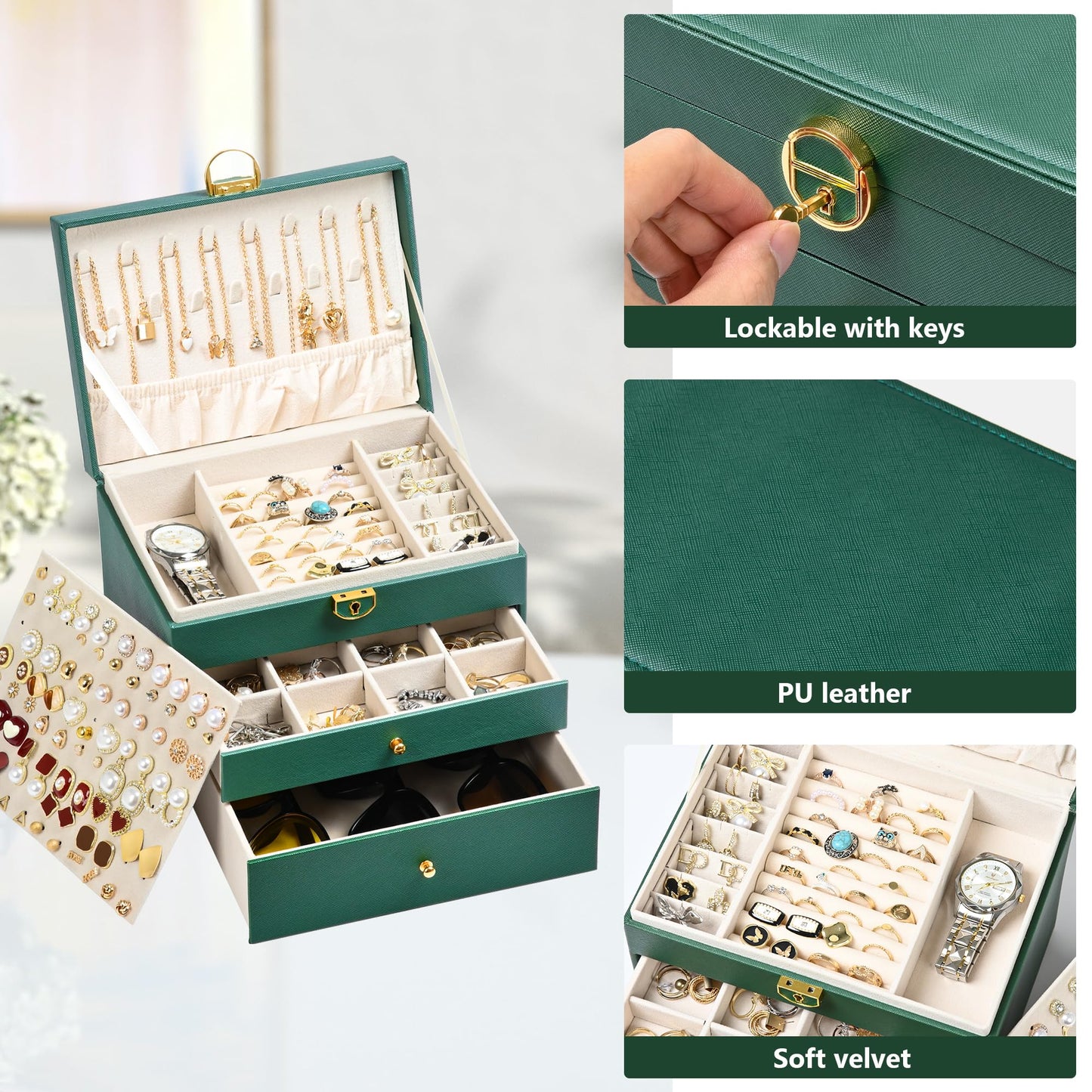 GALHUBIS Jewelry Box, 3 Layers Leather Jewelry Storage Display Box for Women, Gift Case, 2 Drawers, Large Capacity for Necklace Earrings Bracelets Rings,Green