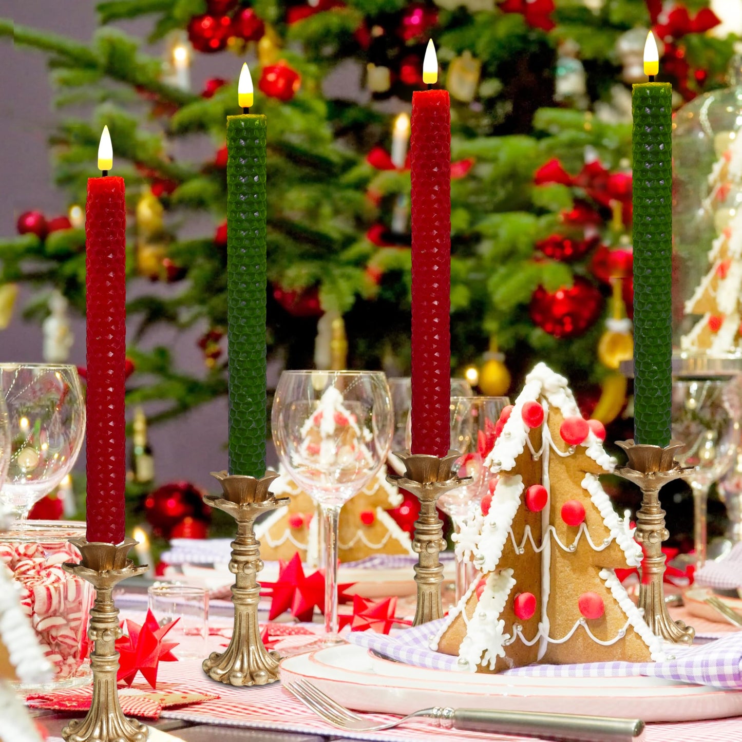 FCMSHAMD Christmas Red&Green Honeycomb Flameless Taper Candles, 9.5 Inch Flickering Candles with Remote and Timer, Real Beeswax Battery Operated Led Candle for Christmas Party Home Decoration, 6PCS