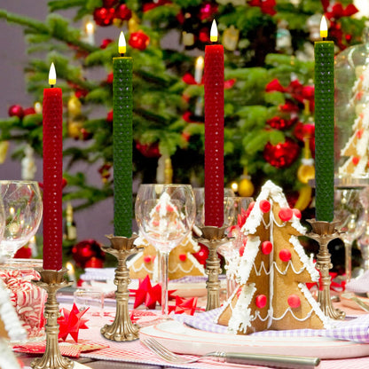 FCMSHAMD Christmas Red&Green Honeycomb Flameless Taper Candles, 9.5 Inch Flickering Candles with Remote and Timer, Real Beeswax Battery Operated Led Candle for Christmas Party Home Decoration, 6PCS