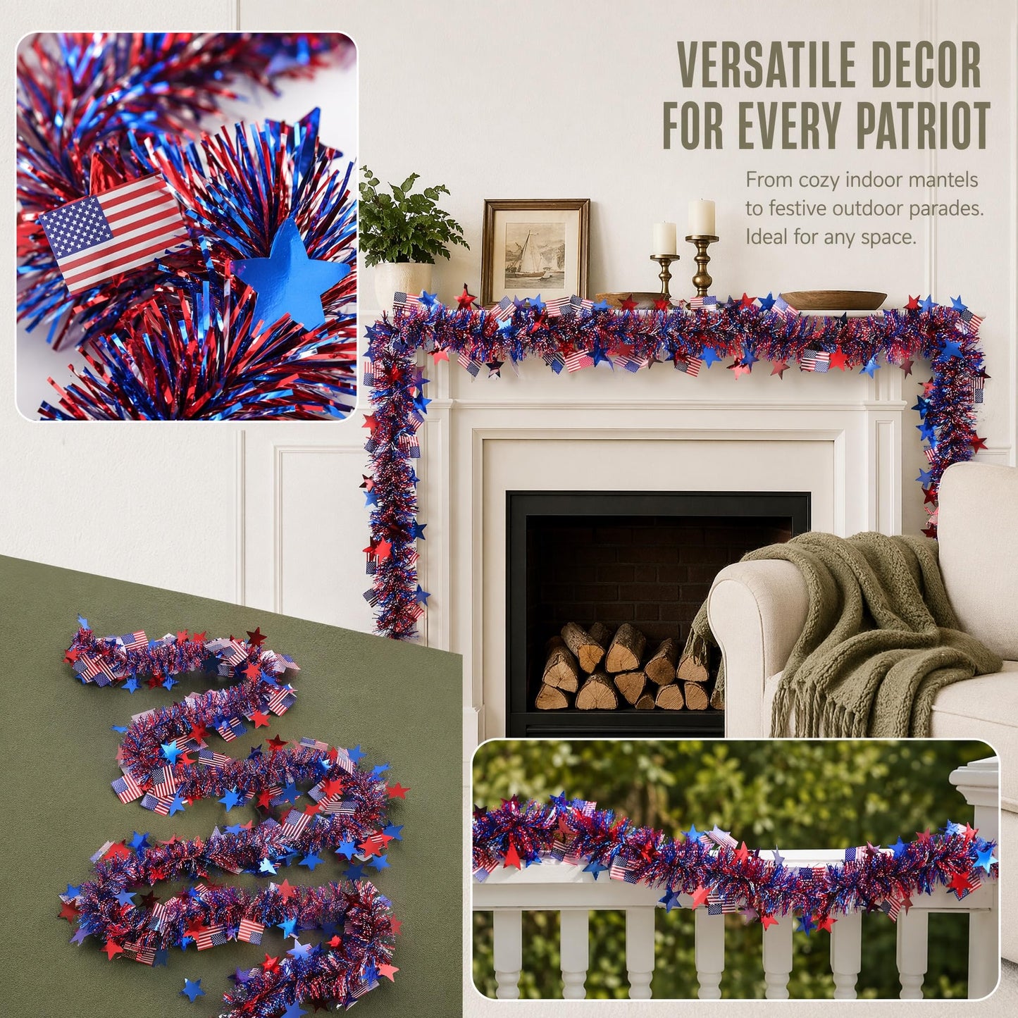 LKBBC 4th of July Tinsel Garland, 52.5 Ft Patriotic Red, White, and Blue Sparkly Glitter Star Flags Metallic Garlands Home Garden Tree Decorations for Independence &Memorial Day