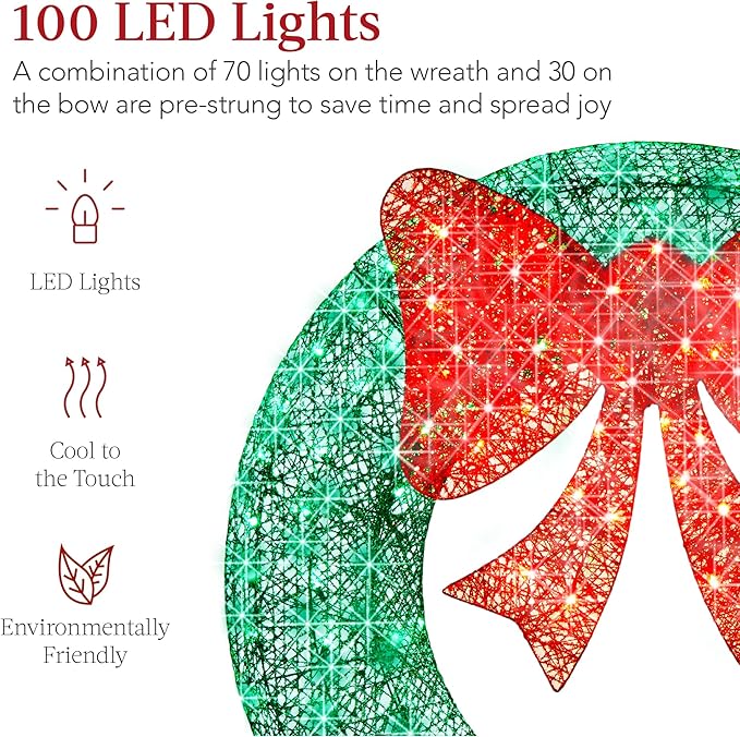 Best Choice Products 30in Pre-Lit Outdoor Christmas Wreath Decoration, LED Metal Holiday Decor for Home w/ 100 Lights, Bow - Green/Red