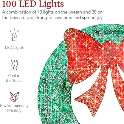 Best Choice Products 30in Pre-Lit Outdoor Christmas Wreath Decoration, LED Metal Holiday Decor for Home w/ 100 Lights, Bow - Green/Red