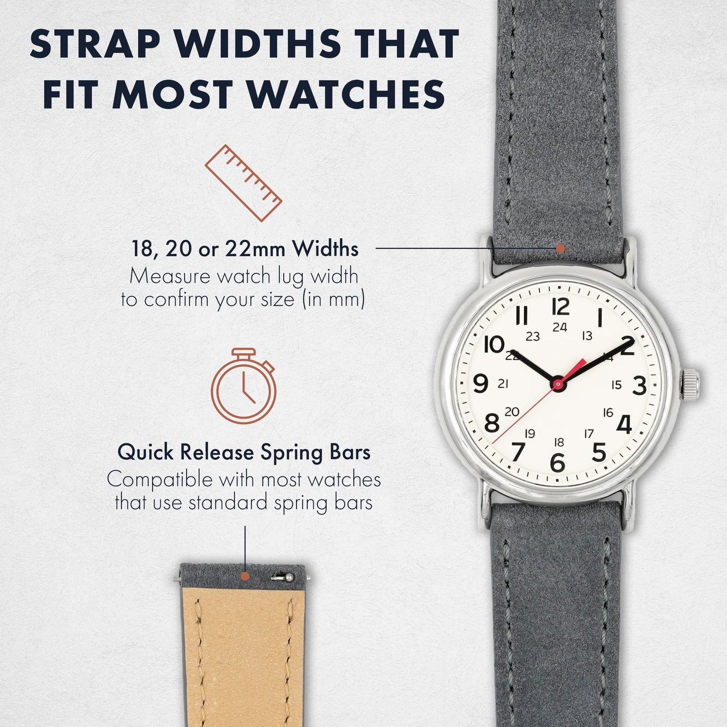 Benchmark Suede 22mm Leather Watch Band – 22mm Quick Release Watch Band with Stainless-Steel Buckle & 9 Adjustable Holes – Grey Leather Watch Bands for Men & Women (22mm, Grey)
