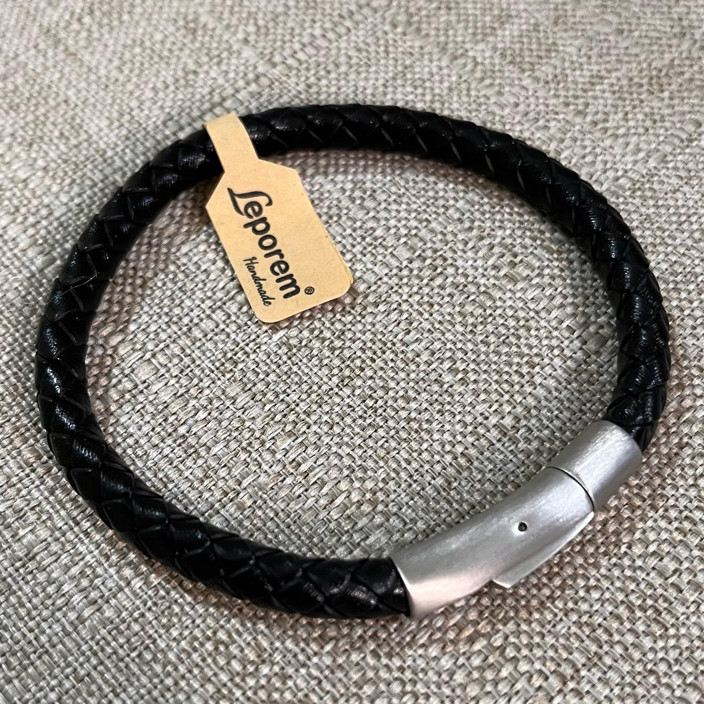Leporem Black Braided Leather Bracelet Premium 18K Plated Surgical Steel Push Lock Clasp Hypoallergenic Urban Jewelry Gift Black Medium 7.5 Inch (Black, 7.5")