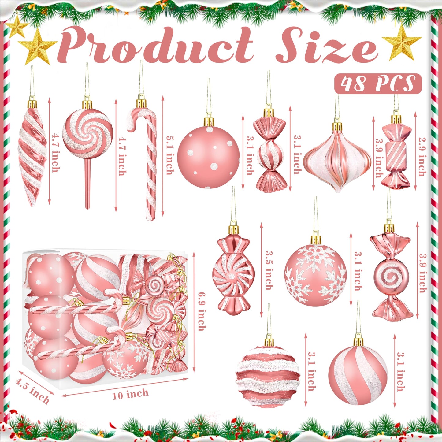 Christmas Ornaments Candy Lollipop Set -48Pcs for Xmas Tree Decoration Hanging Plastic Gloss Candy Canes Ball Pendants for New Year Home Decor Party Supplies (Rose Gold)