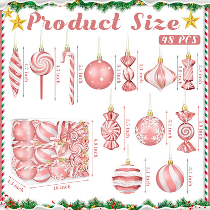 Christmas Ornaments Candy Lollipop Set -48Pcs for Xmas Tree Decoration Hanging Plastic Gloss Candy Canes Ball Pendants for New Year Home Decor Party Supplies (Rose Gold)