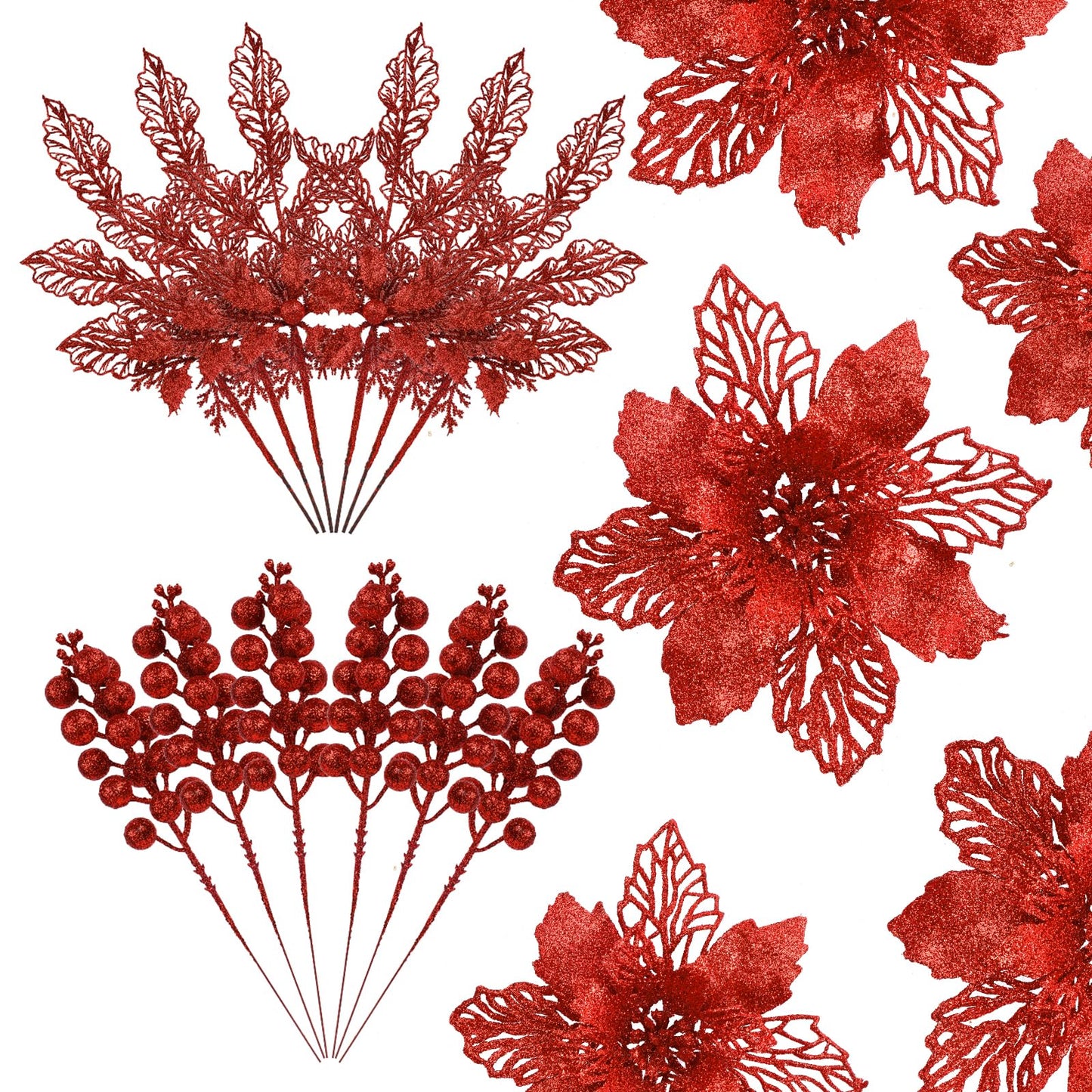 Alupssuc 24 PCS Christmas Tree Decorations, 12 PCS Poinsettia Flowers Artificial+6 PCS Glitter Holly Berry Stems+6 Berry Leaves Christmas Tree Picks for Party Wreath Fireplace, Red