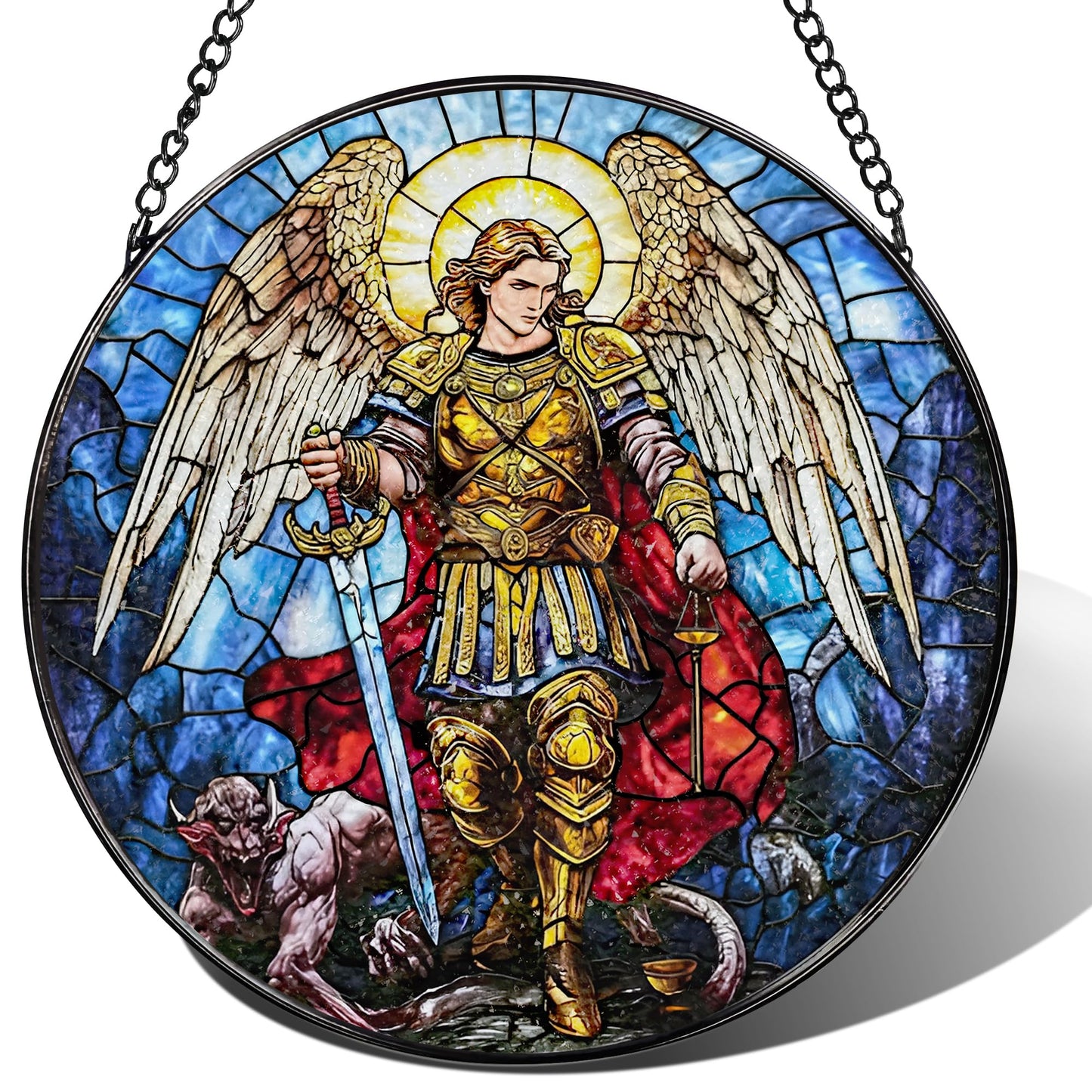 Stained Glass Suncatcher, Archangel Michael Sun Catcher Ornament; Stained Glass Window Hanging, Spiritual Protection Decor, Christmas Ornament; Christian Gifts, Religious Gifts