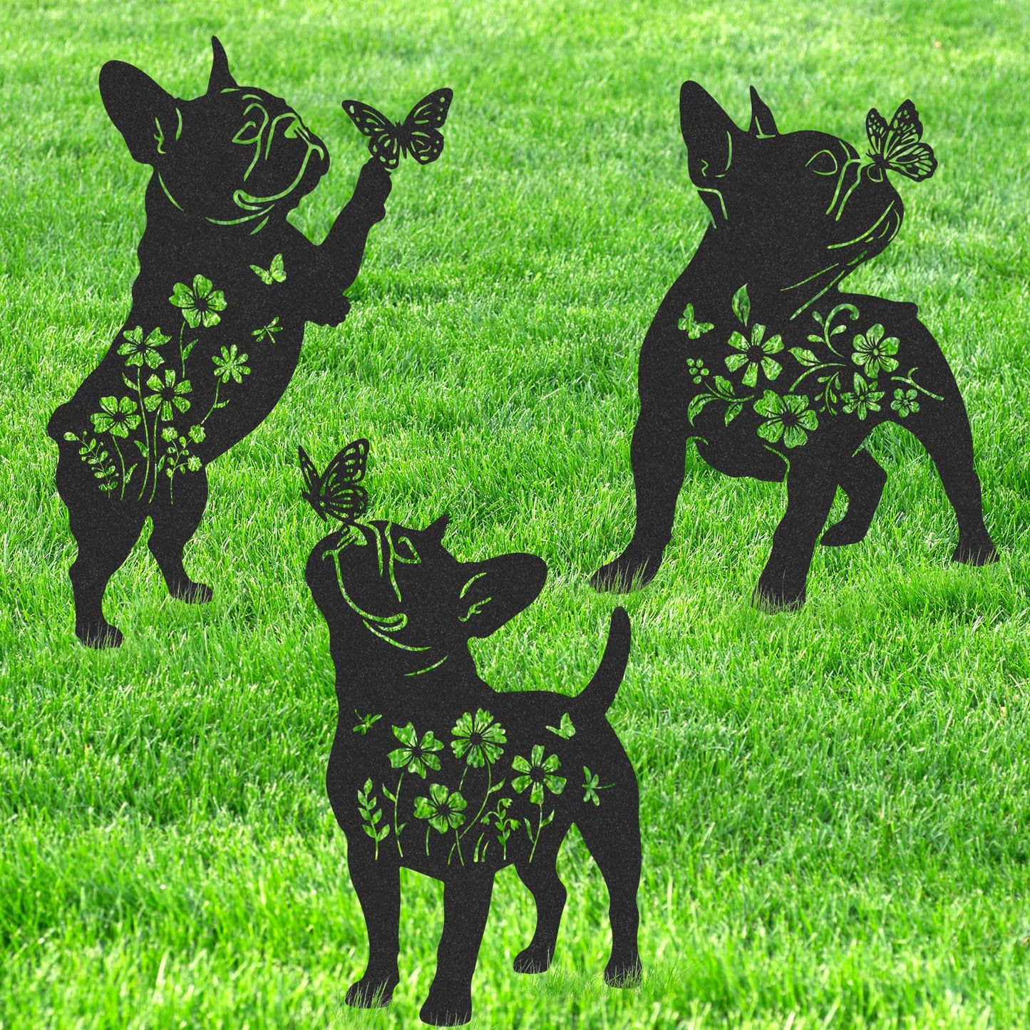LIRAVENO French Bulldog Gifts Decor - 3 Pcs Metal Garden Stakes Outdoor Animal Statue Decorations Patio Lawn Pathway Yard Art Ornaments Butterfly Flower Silhouette Christmas Birthday for Dog Lover
