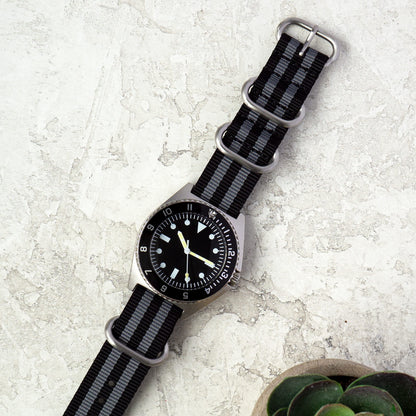Benchmark 18mm Black & Grey Striped Nylon Watch Band - One Piece Waterproof Ballistic Nylon - Slip Through Military Style Zulu Watch Strap for Men & Women