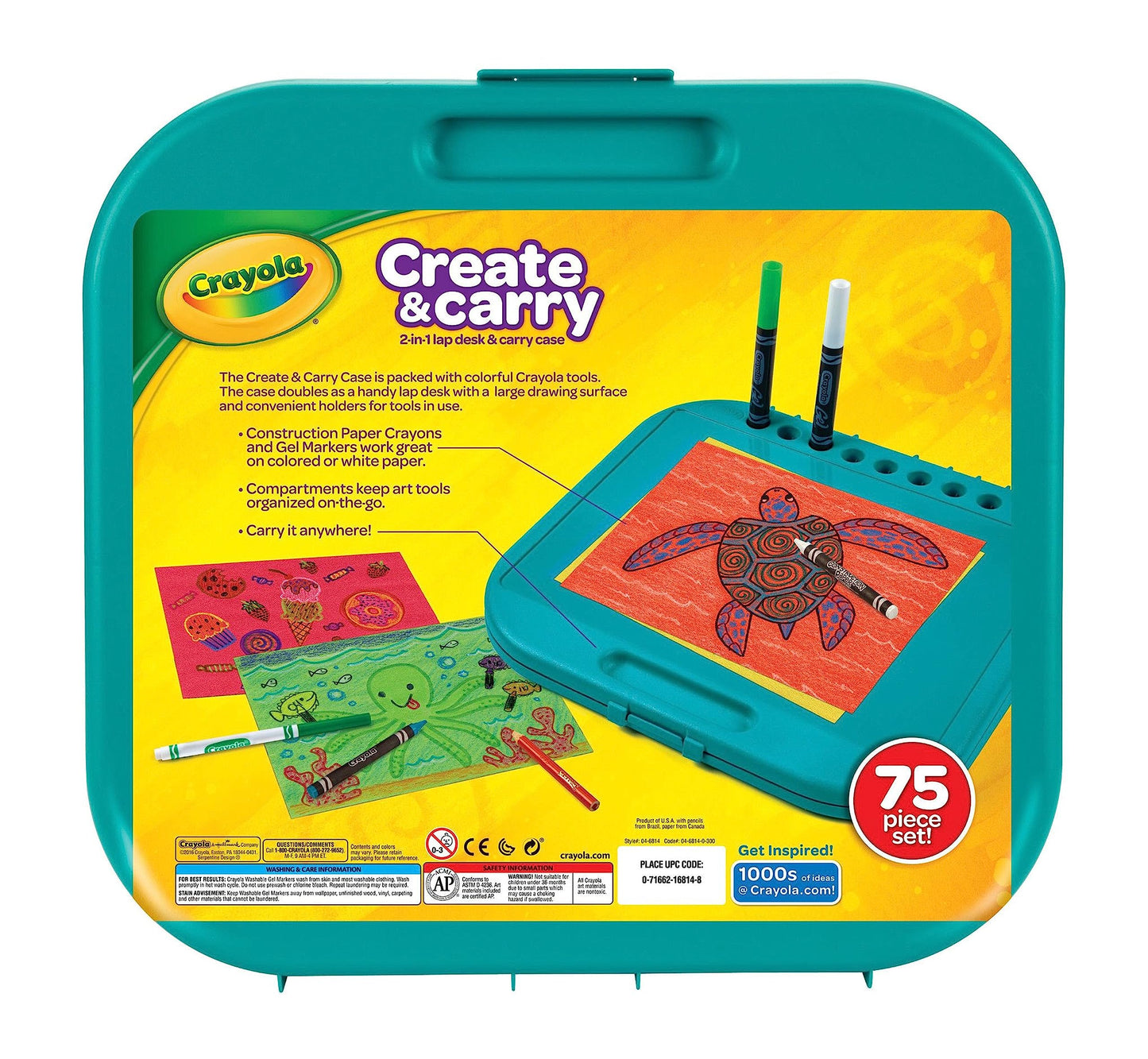 Crayola Create 'N Carry Travel Art Set for Kids (75pcs), 2-in-1 Lap Desk & Carrying Case, Essential Easter Basket Stuffers, Art Supplies Kit, Spring Crafting, Gift for Kids