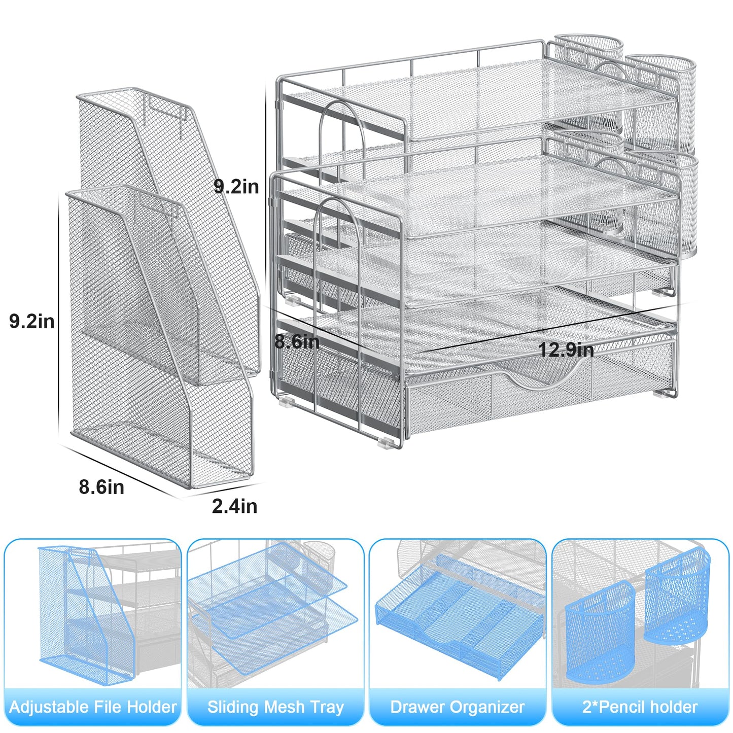 gianotter Desk Organizers and Accessories with File Holder, 4-Tier Desk Accessories & Workspace Organizers with Drawer and 2 Pen Holder, Paper Organizer for Office Supplies (Grey)