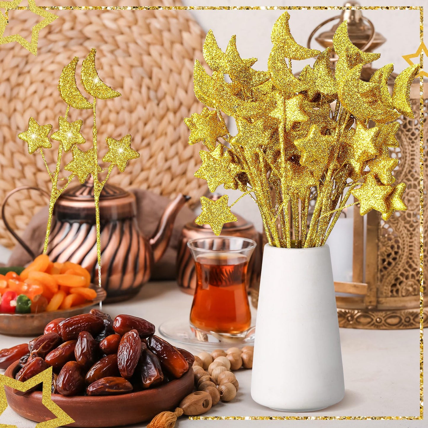 Wavwavw 24 Pcs Moon Star Floral Picks Gold Moon Star Stem Vase Filler Baby Shower Decor Glitter Twinkle Stem Table Decoration for Table Centerpiece Home Living Room Wedding Birthday Party, 12.2 Inch