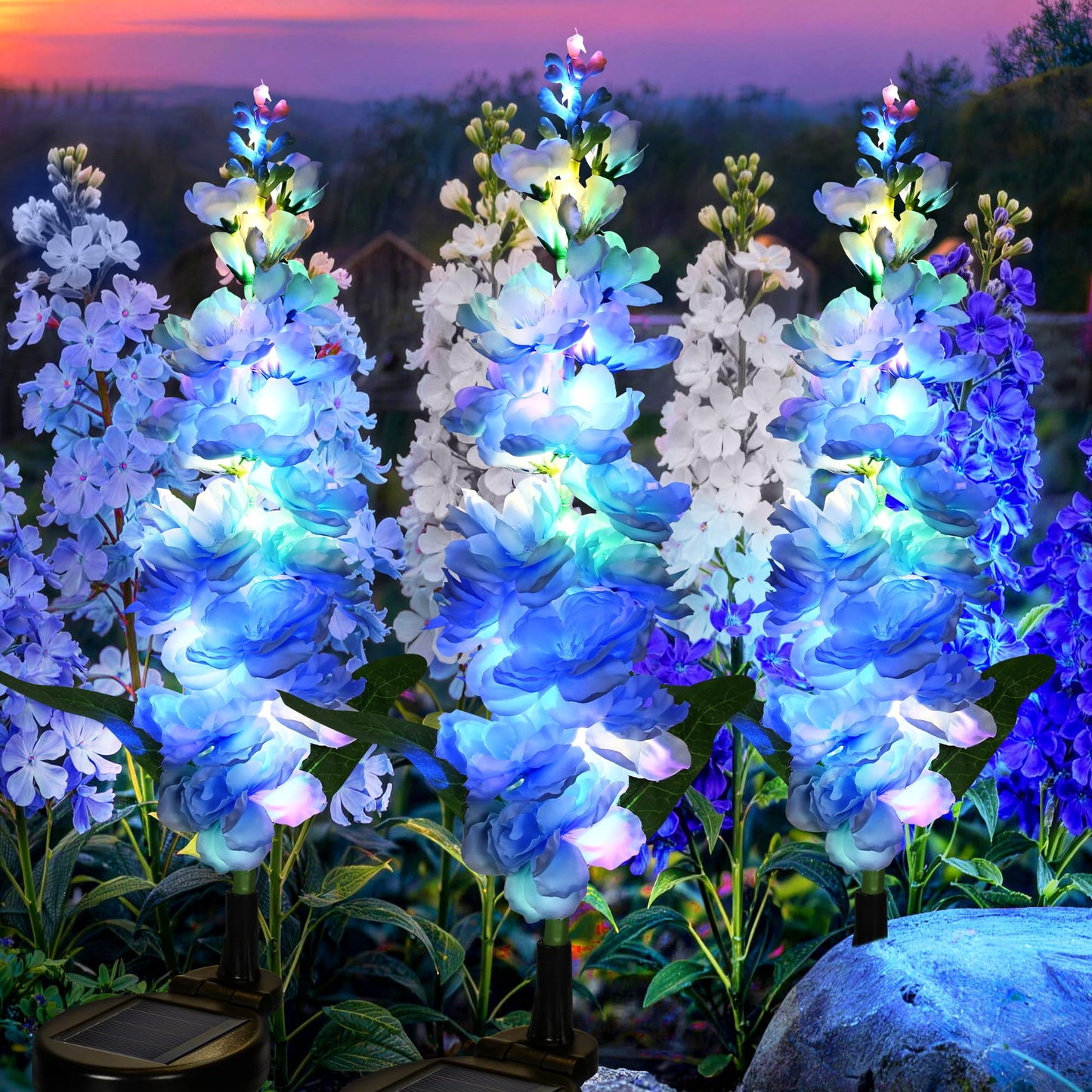 GIGALUMI Solar Lights Outdoor for Garden Decor, 3 Pack Solar Flower Lights Waterproof, 2 Lighting Modes Delphinium for Pathway,Yard, Patio Decoration, Gardening Gifts for Women (Blue)