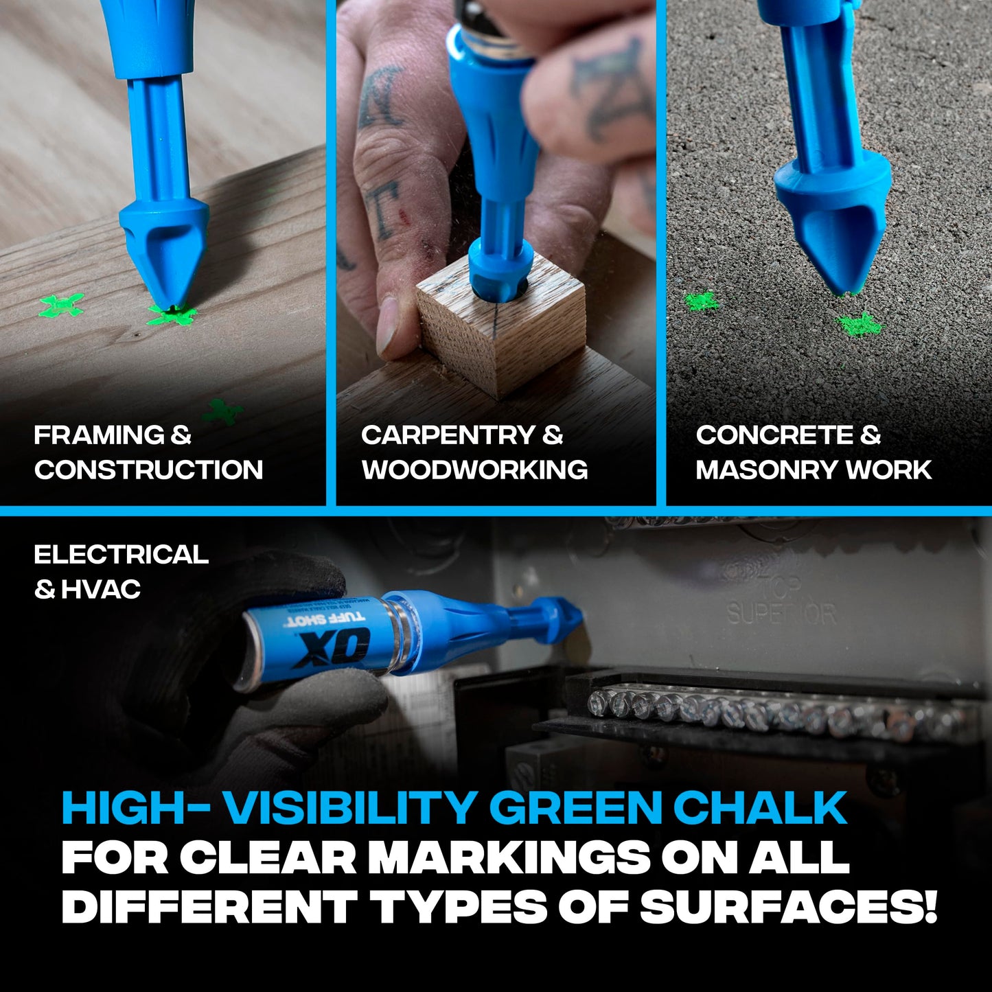 OX Tools Tuff Shot Deep Hole Marker Chalk Powder Shot for Drilling, Construction Marking Tool, Deep Reach Marker, 250 Bursts High-Vis Green Chalk Spray Marking for Carpentry