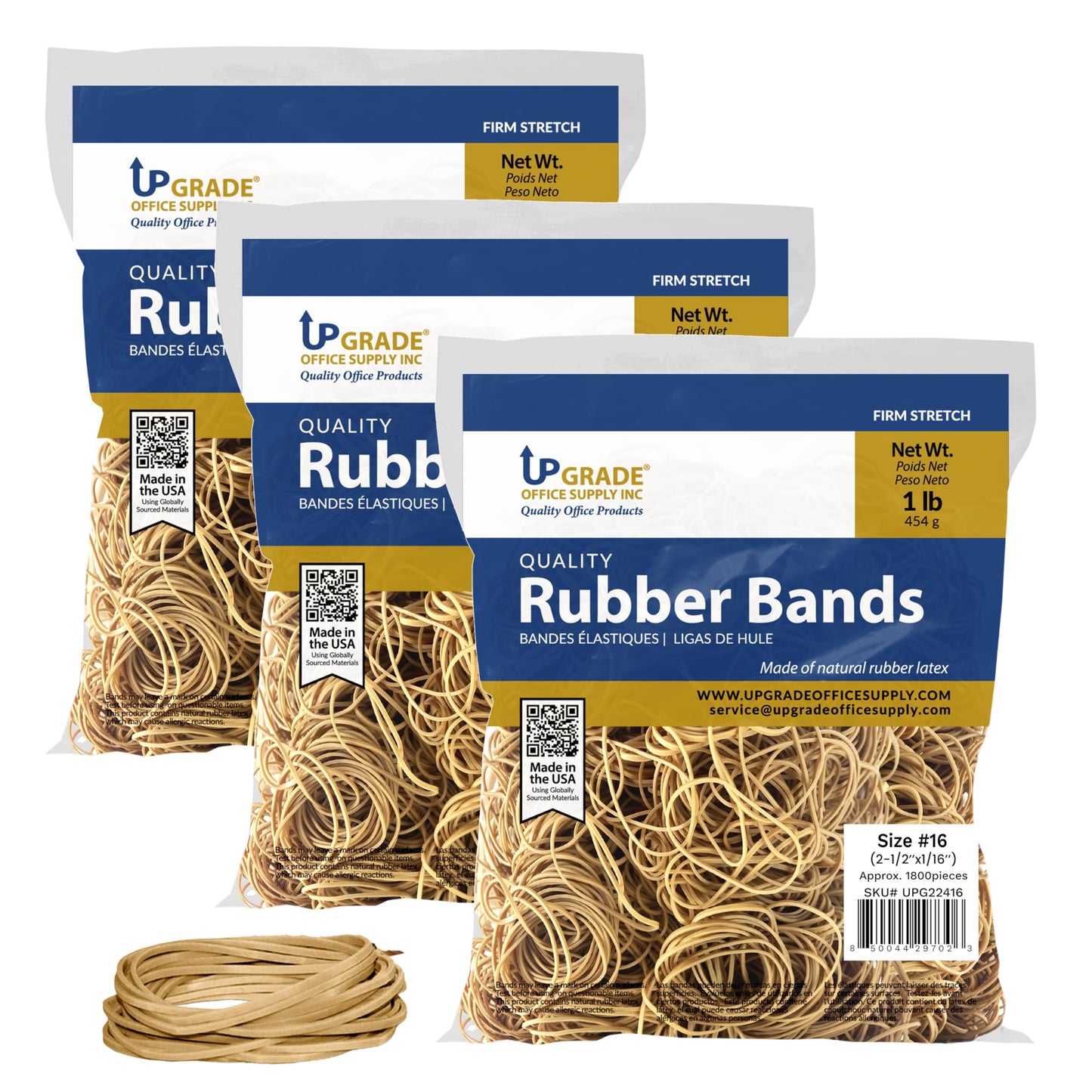 Upgrade Office Supply UPG22416PK3 Rubber Bands, Size #16 (5-1/8 in x 1/16 in), 1,800 Bands, 1 lb Bag, 3 Pack, USA