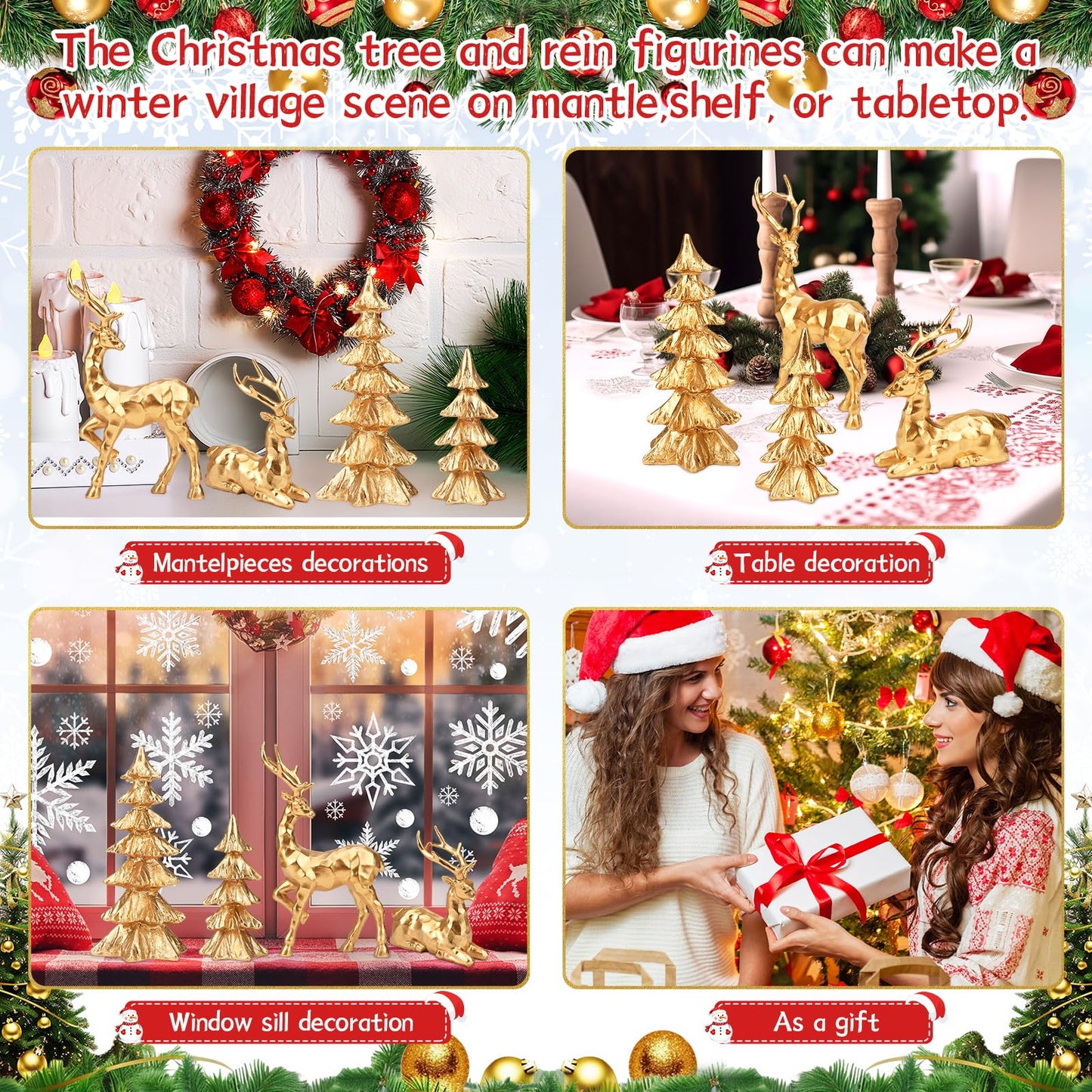 DARCKLE 4-Piece Gold Christmas Tree Figurines and Resin Elk Sculpture Small Resin Christmas Trees,Tabletop Tree Artificial Animal Crafts for Indoor Home Decor,Tabletop Mantle Cabinet Desktop Offic