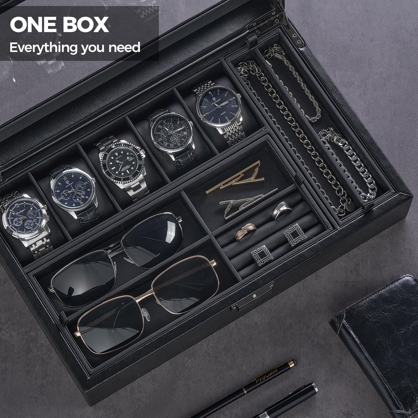 ProCase Men's Jewelry Box, 5-Slot Watch Display Case Jewellry Storage Organizer for Sunglasses Rings Accessories with Hidden Compartment, Watch Holder with Glass Lid, Fathers Day Gift -Black