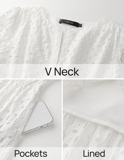 ZESICA Women's 2025 Summer Short Sleeve Maxi Dress Casual V Neck Hollow Out Eyelet Ruffle Swing A Line Long Dresses,White,Small