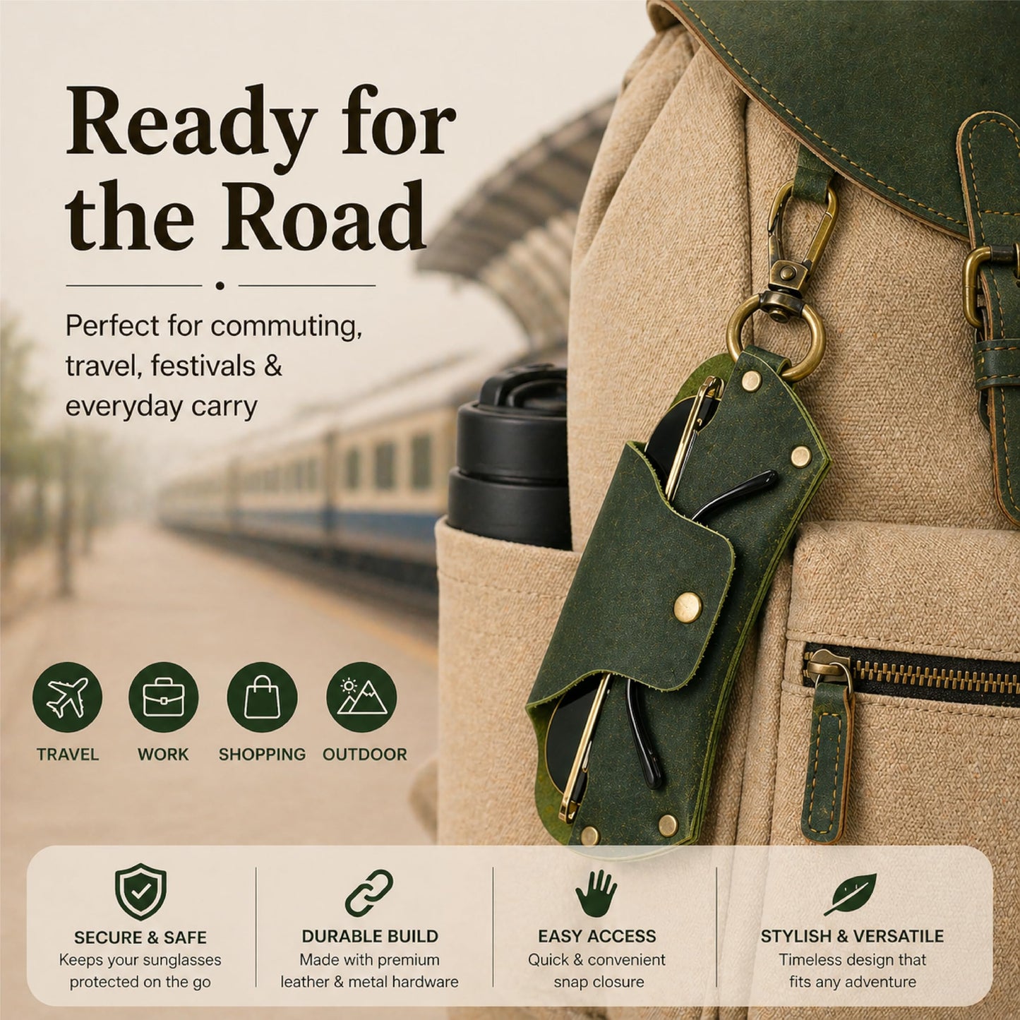 TheAntiq Green Leather Sunglasses Case with Lanyard - Handmade Eyeglass Holder with Snap Closure, Protective Travel Pouch for Glasses, Men & Women, 3 x 7