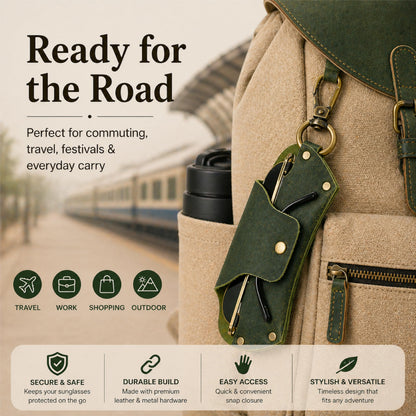 TheAntiq Green Leather Sunglasses Case with Lanyard - Handmade Eyeglass Holder with Snap Closure, Protective Travel Pouch for Glasses, Men & Women, 3 x 7