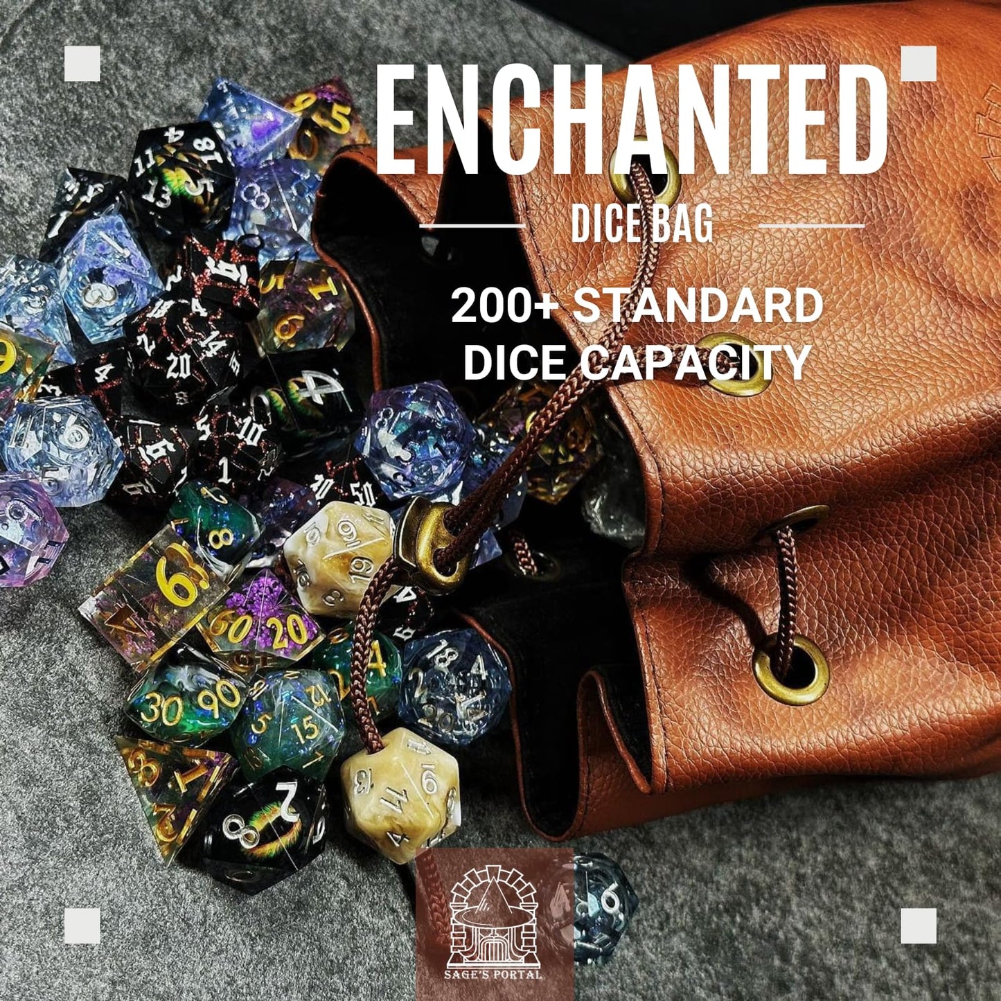 Sage's Portal Large DND Dice Bag, Holds 200+ Dice, Velvet-Lined PU Leather Drawstring Pouch with 4 Pockets for Dungeons and Dragons RPG MTG, D&D Gift for Dungeon Masters and Players