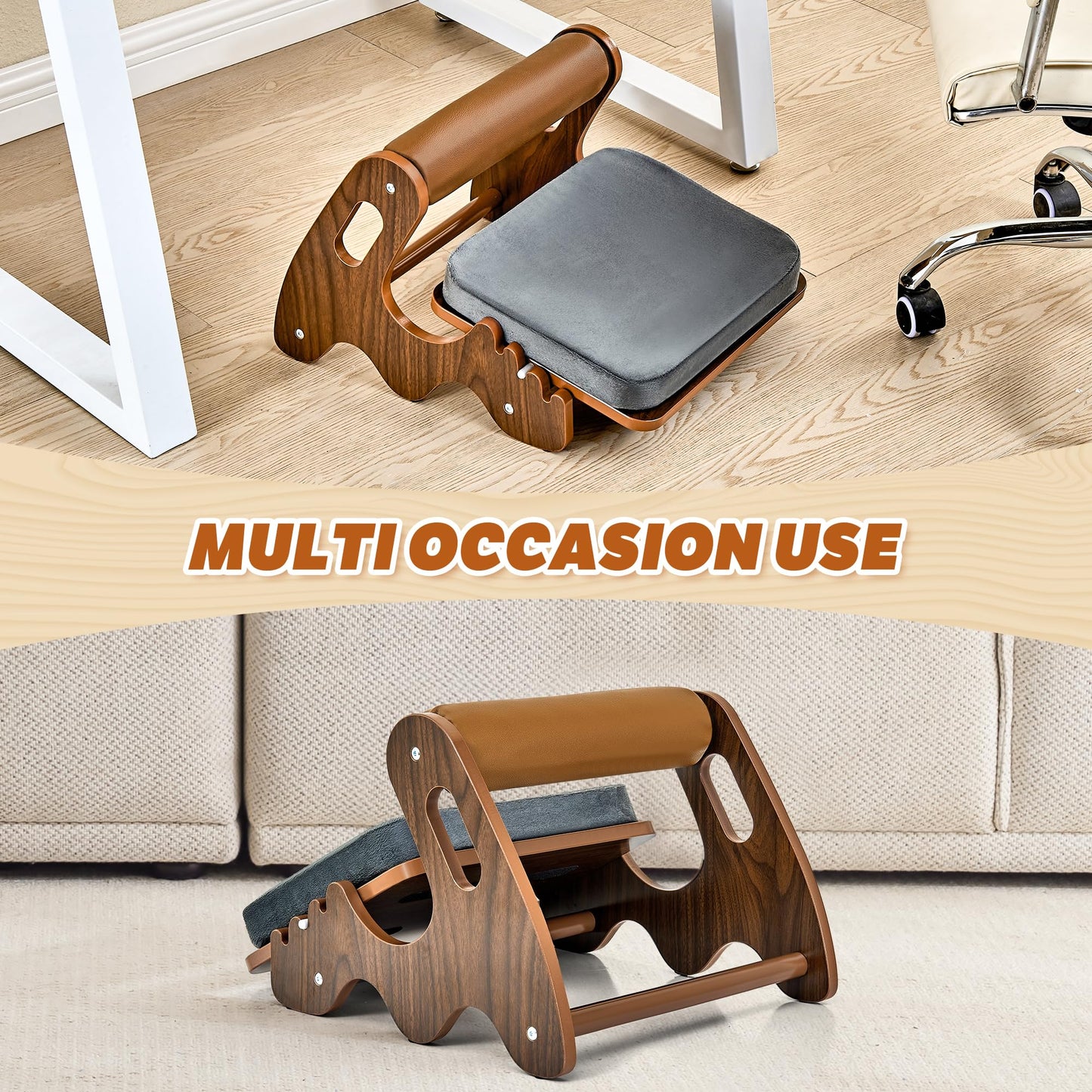 Spacocld Foot Rest for Under Desk at Work- Adjustable Rocking Foot Stool with 3 Height Position and Soft Crossbar, Ergonomic Wooden Footrest with Soft Sponge Pad for Home, Office