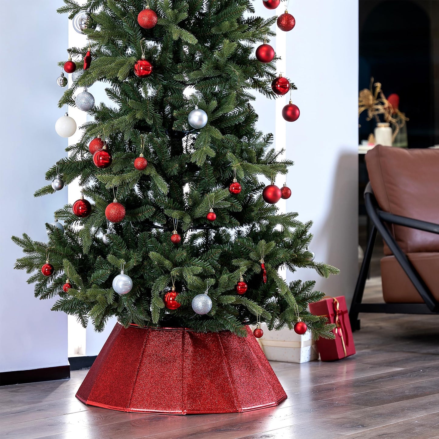 Blissun Fabric Christmas Tree Collar, Glittering Tree Ring, Willow Tree Skirt for Christmas Decorations (Glitter Red)
