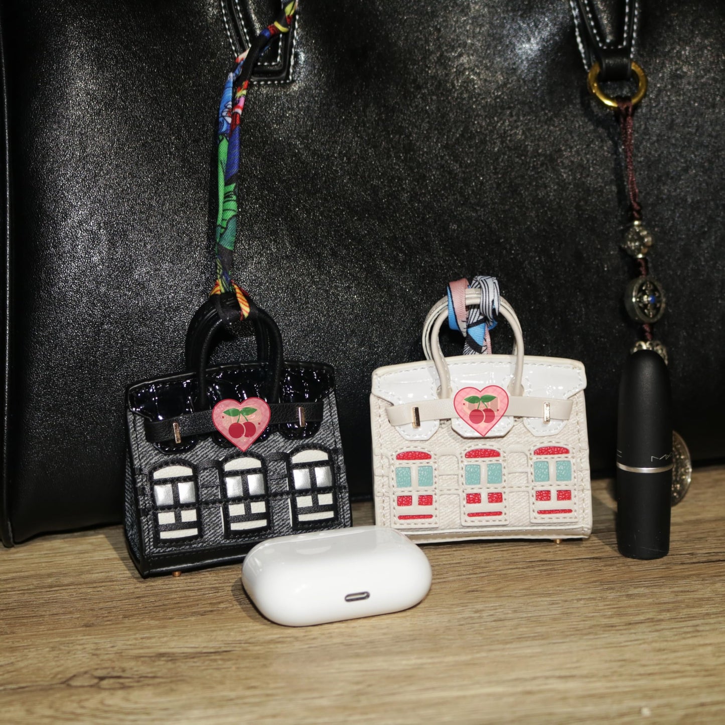 Buyborgood 2 PCS Women Mini Backpack Keychain Accessories Key Pouch Holder Coin Purse Bag Charm Wallet (Black + Ivory)