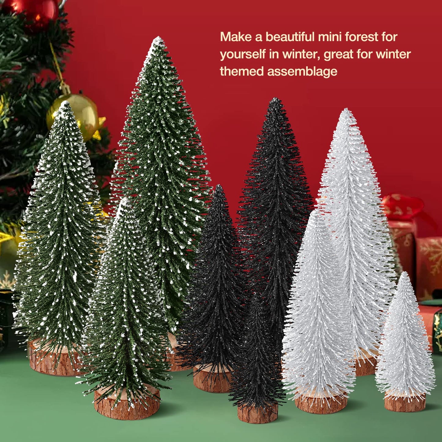 9Pcs Mini Christmas Trees Christmas Decor Artificial Christmas Decorations with 4 Sizes, Christmas Tree Bottle Brush Trees Christmas Table Decorations (Green Silver Black)