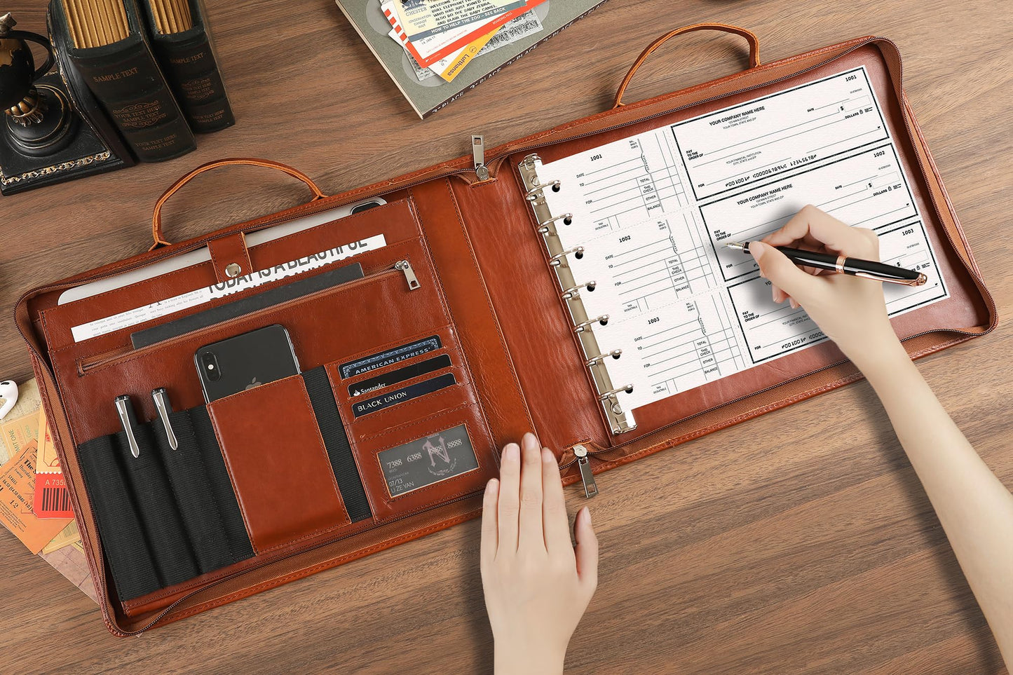 Handmade Leather Business Checkbook Binder - 7 Ring Check Binder with Handle, Check Holder Checkbooks for Business Checks for 3 Per Page 600 Checks Capacity for 9 x 13 inch Sheets, Oil Brown