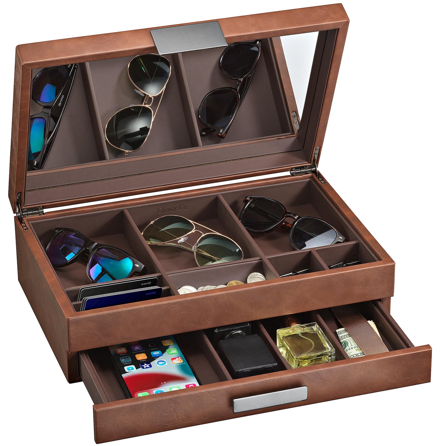 Glenor Co Mens Valet/Dresser Organizer - Luxury 12 Slot Jewelry Accessories Box, Carbon Fiber Design, Drawer Tray, Metal Buckle & Large Mirror for Men’s Watches, Sunglasses, Wallet - Pu Leather Brown