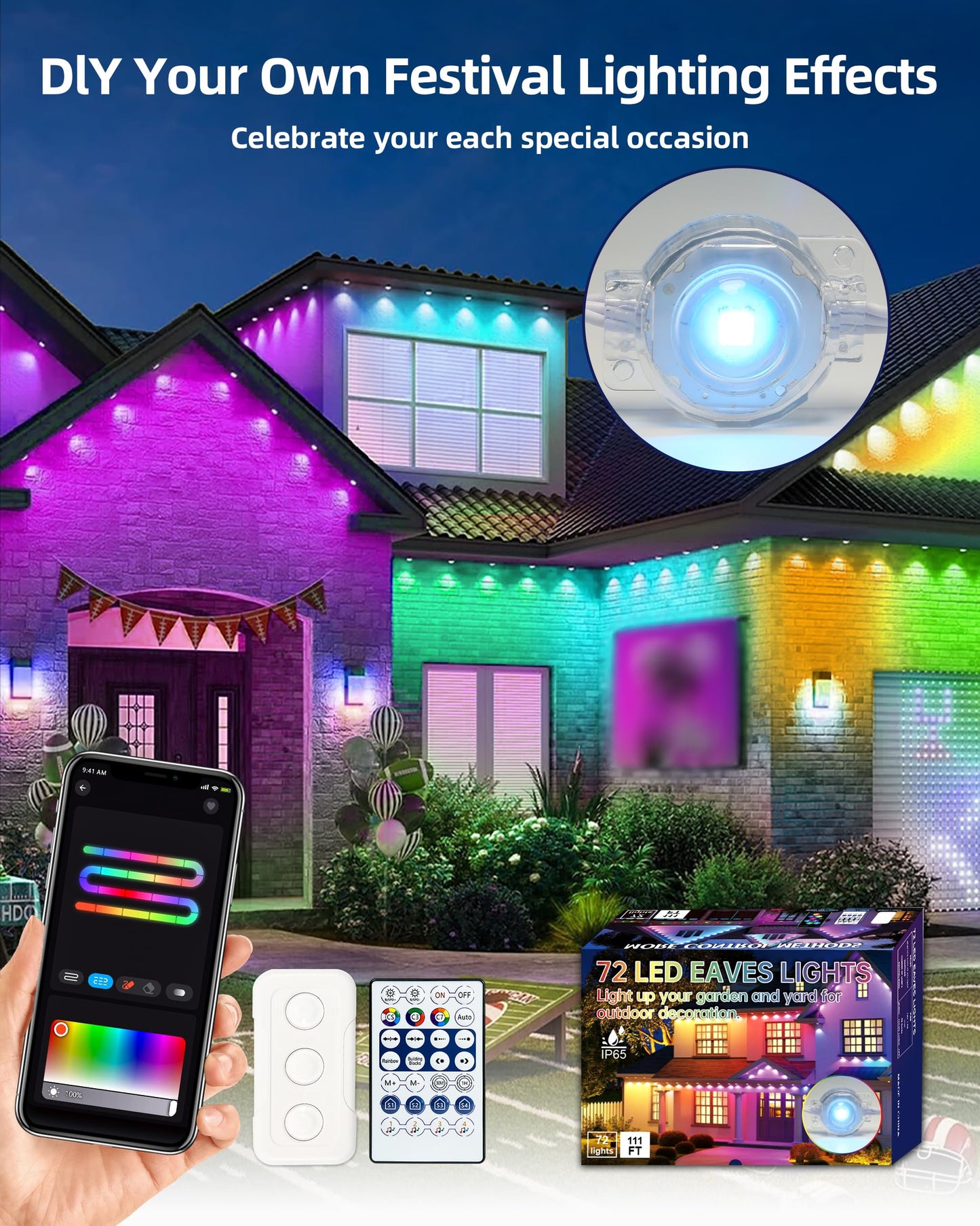 DELITOR 111FT Permanent Outdoor Lights,72 RGB Eaves Lights with App Control Remote, IP65 Waterproof Eternity Eaves Lighting, Outdoor Light for Outside Roofline Decor, Party, Holiday Xmas