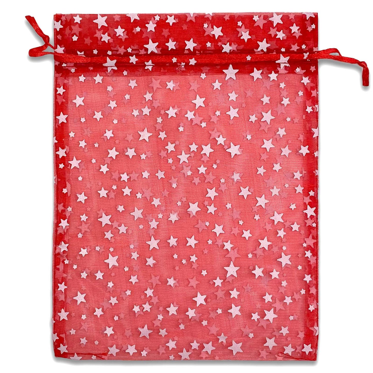 100-Pack 6x8 Sheer Organza Drawstring Gift Bags (Large) - Metallic Stars (Red/White) - Wedding Party Favors, Jewelry, Candy, Treats Mesh Pouch by The Display Guys