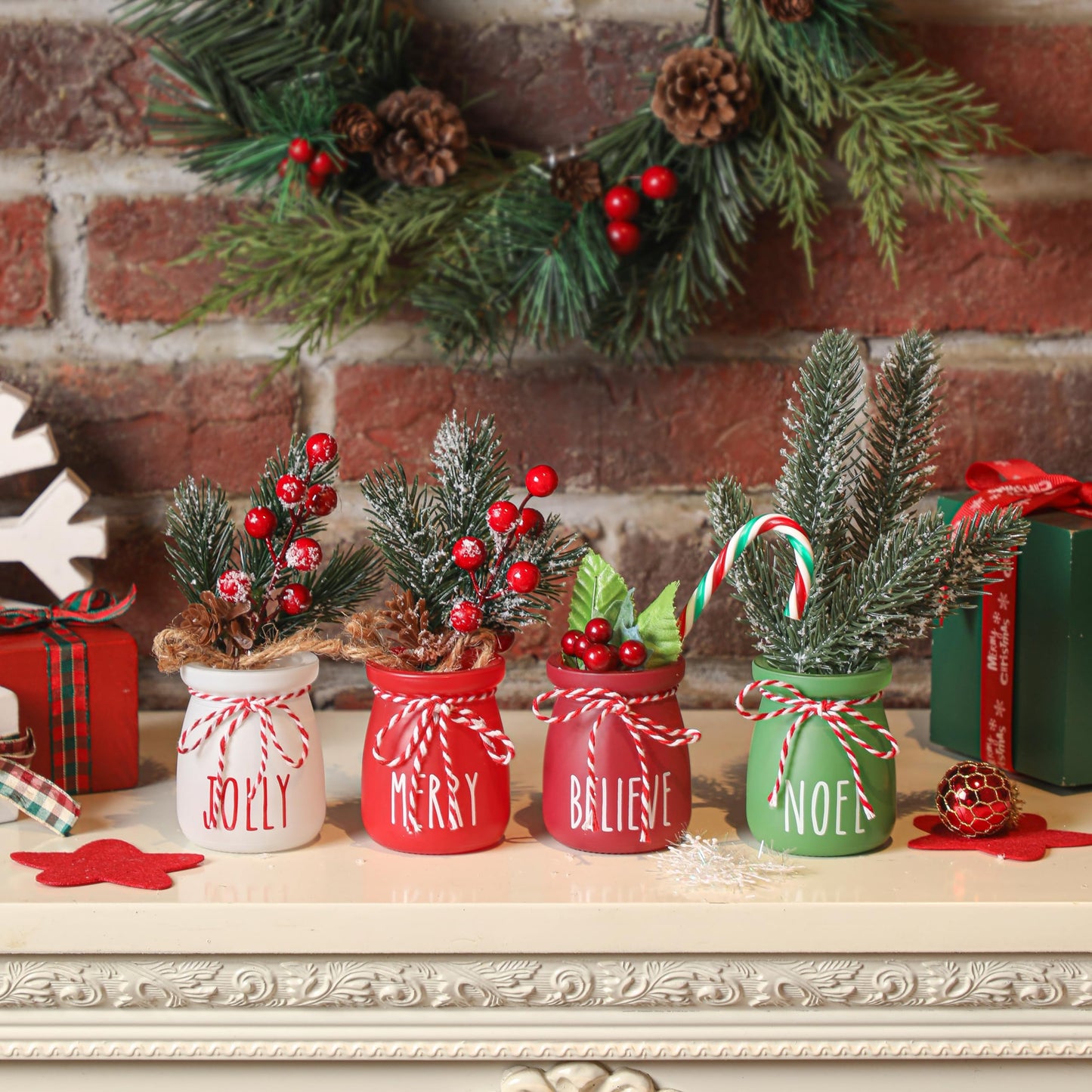 Christmas Mini Mason Jars, Winter Tiered Tray Decor, 4Pcs Holiday Farmhouse Decor Xmas Table Centerpieces Noel Merry & Jolly Decor for Home, Desk, Shelves, Christmas Gift