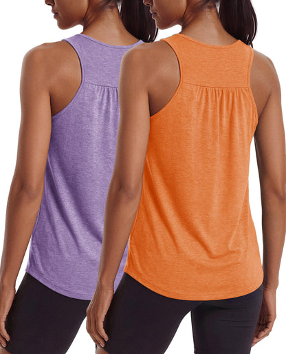 PINSPARK Workout Tops for Women Racerback Tennis Tank Top Lightweight Yoga Pilates Shirt Sleeveless Scoop Neck Exercise Running Hiking Activewear,Light Purple/Orange XL