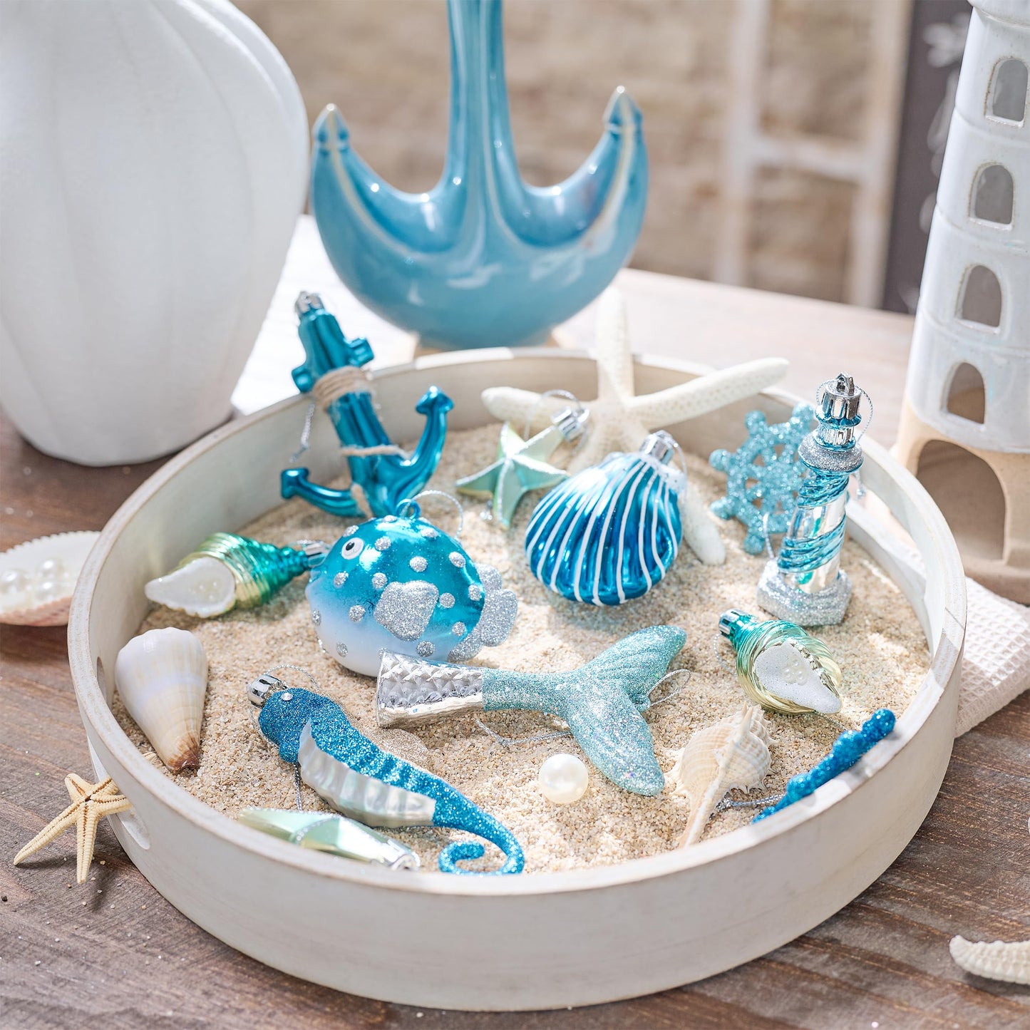 Valery Madelyn Summer Ornaments Tree Decorations Set, 12ct Light Blue and Silver Shatterproof Summer Balls Bulk, Summer Beach Coastal Ocean Nautical Marine Hanging Seafair Xmas Holiday Decor