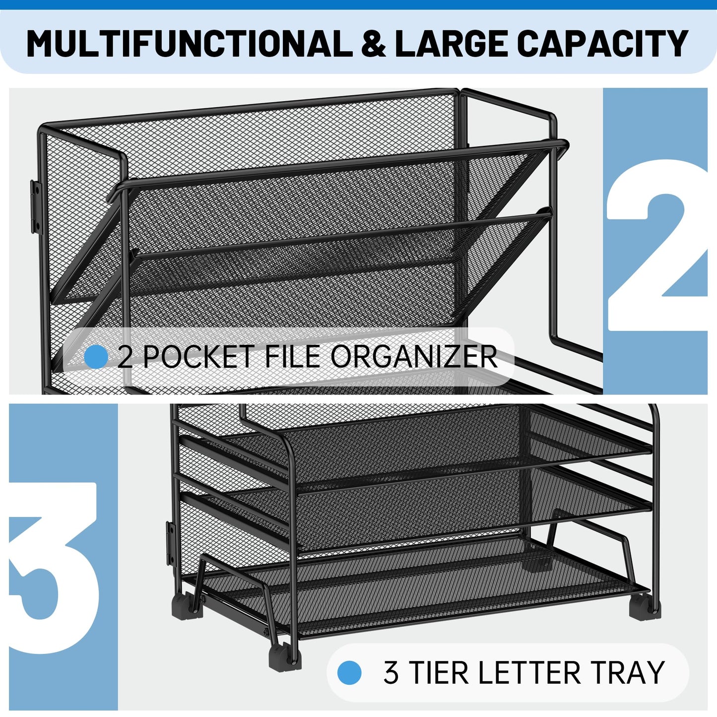 Desk File Organizer, 3-Tier Letter Tray Paper Organizer and 2-Pocket Metal Hanging Basket for Office School Classroom Organization