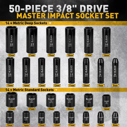 3/8'' Drive Impact Socket Set - 50-Piece Shallow & Deep Socket Set Metric and Standard Full with Universal Joint, Extension Bar, 1/2 to 3/8 Reducer, Hex Shank Socket Adapter, Ratchet Handle