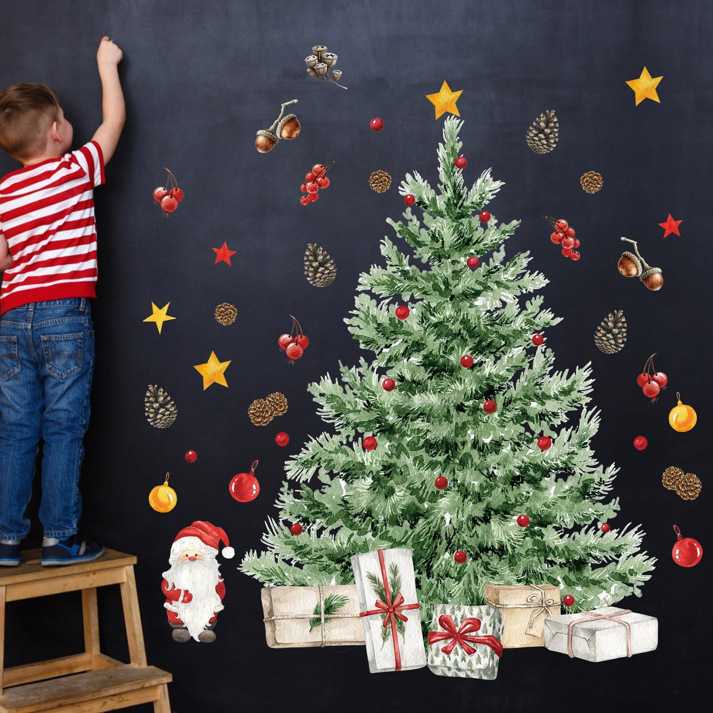 Augisteen Large Christmas Tree Wall Decals Merry Christmas DIY Watercolor Wall Stickers Peel and Stick Removable Xmas Tree Giant Stickers Bathroom Bedroom Living Room Offices Home Decor
