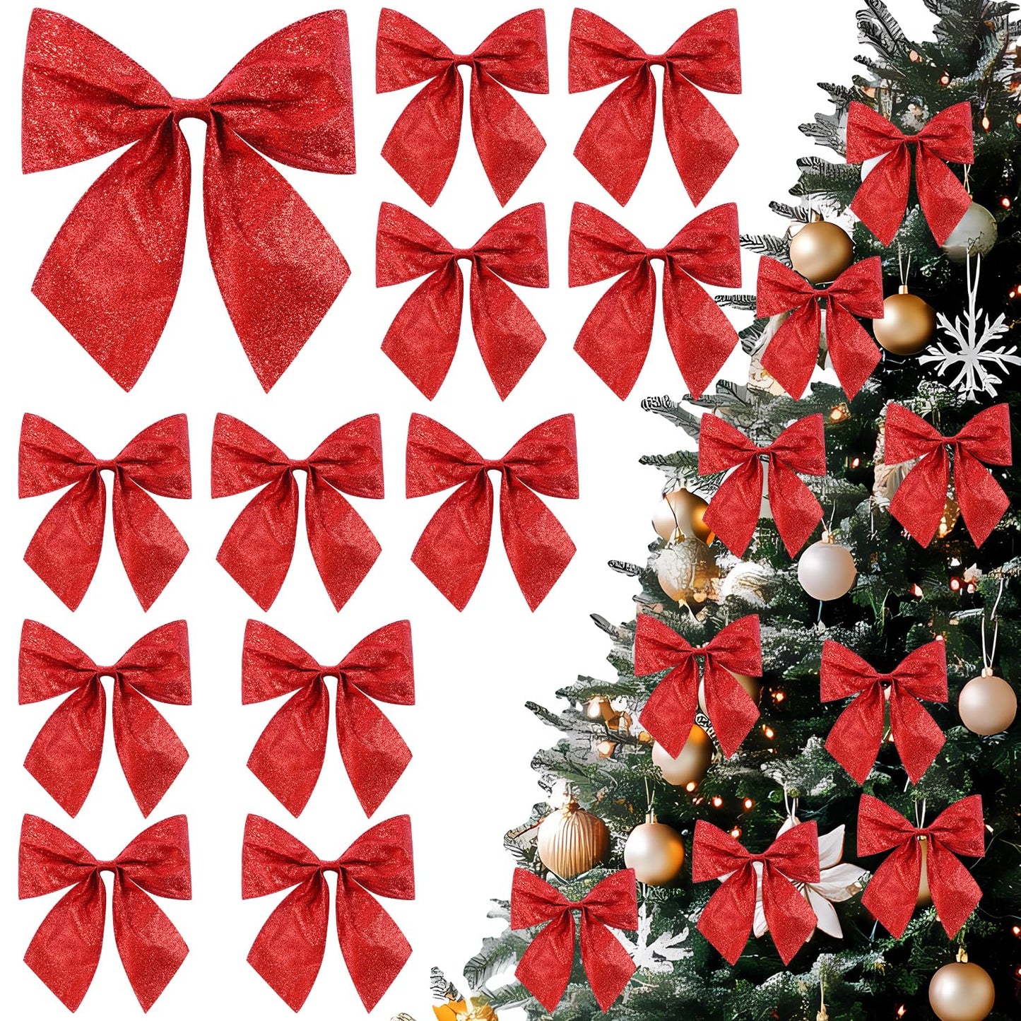 JOICEE 12 Pcs Glitter Ribbon Christmas Bows with Twist Ties,5.5 Inch Premade Metallic Xmas Bows for Christmas Trees Garland Wreath Gift Wrapping Decorations (Red)