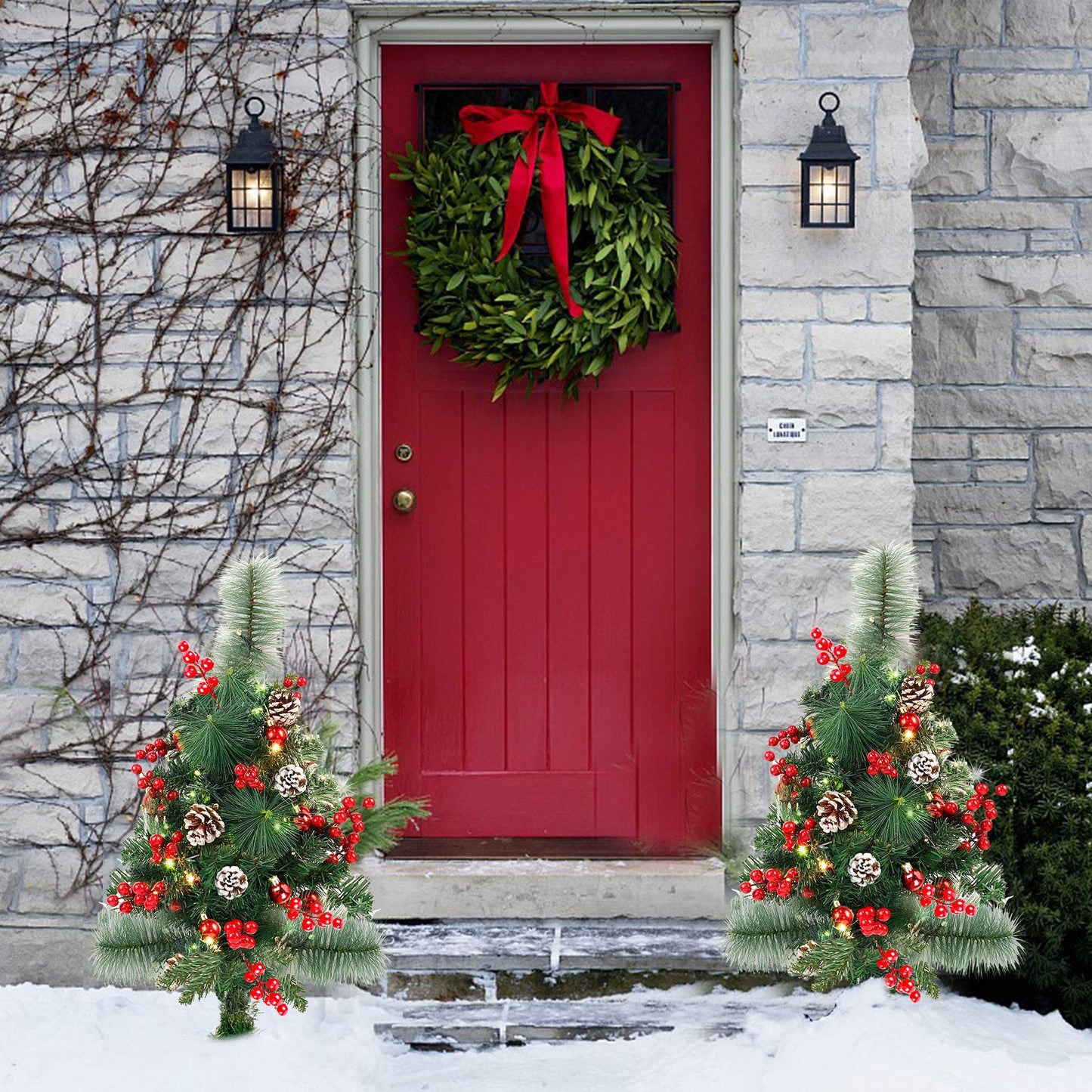 FORUP Set of 2 30 Inch Pre-Lit Pathway Christmas Trees Urn Filler, Outdoor Christmas Tree Decorations for Porch, Driveway, Yard, Garden, with 60 LED Lights, Red Berries, Pine Cones, Red Ball Ornaments