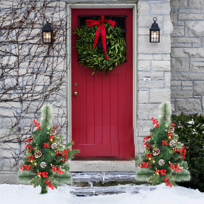 FORUP Set of 2 30 Inch Pre-Lit Pathway Christmas Trees Urn Filler, Outdoor Christmas Tree Decorations for Porch, Driveway, Yard, Garden, with 60 LED Lights, Red Berries, Pine Cones, Red Ball Ornaments