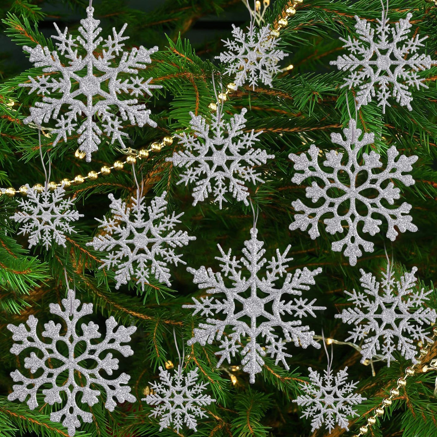 36 Pack Silver Snowflake Ornaments Plastic Glitter Snow Flakes Ornaments for Winter Christmas Tree Decorations Size Varies Craft Snowflakes