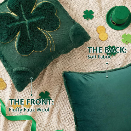 Emvency St Patricks Day Throw Pillow Covers 18x18 Set of 2, Green Shamrock Golden Decorative Pillow Cases Soft Plush Faux Fur Wool Couch Cushion Case for Couch Bed Sofa Living Room Home Decor