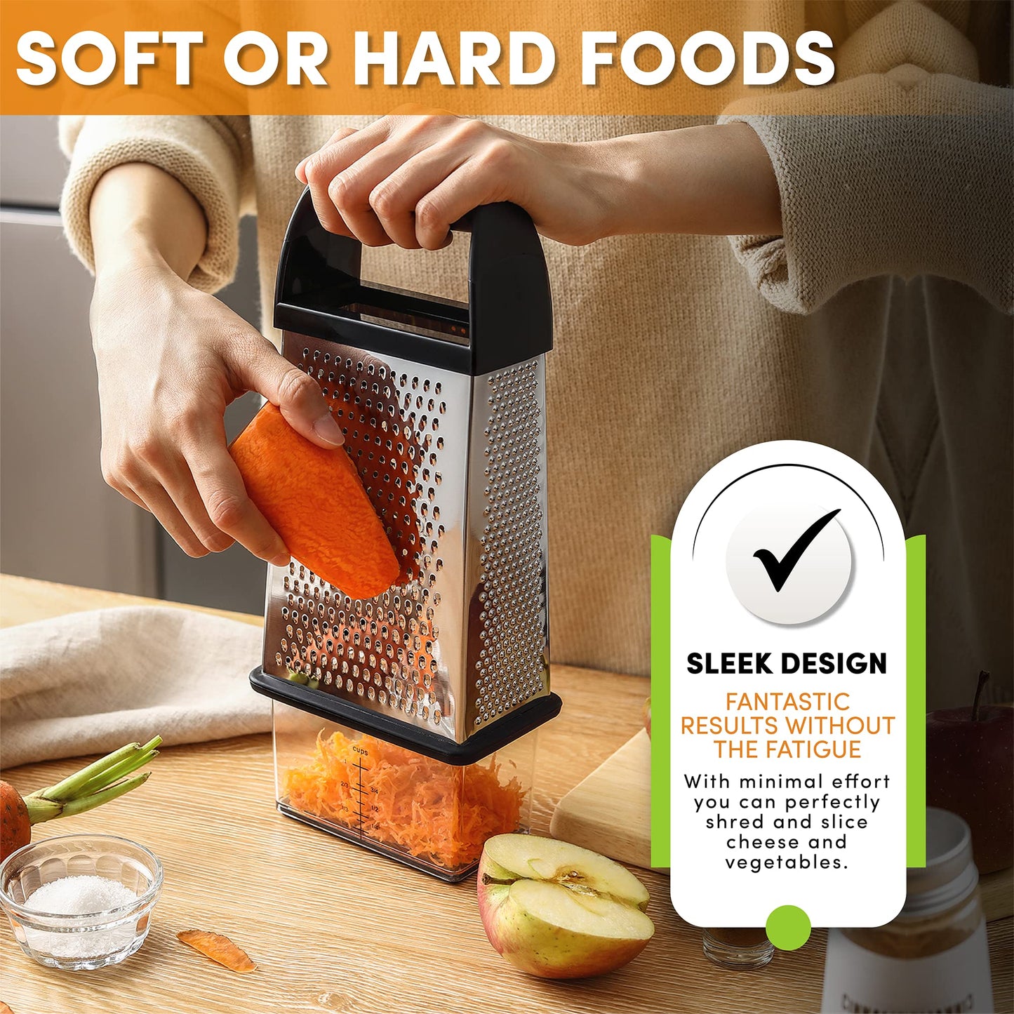 Spring Chef Professional 10" Parmesan Cheese Grater With Container, Stainless Steel & Soft Grip Handle, 4 Sided Kitchen Cheese Shredder, Handheld Box Grater for Vegetables, Potato, Carrot - Black