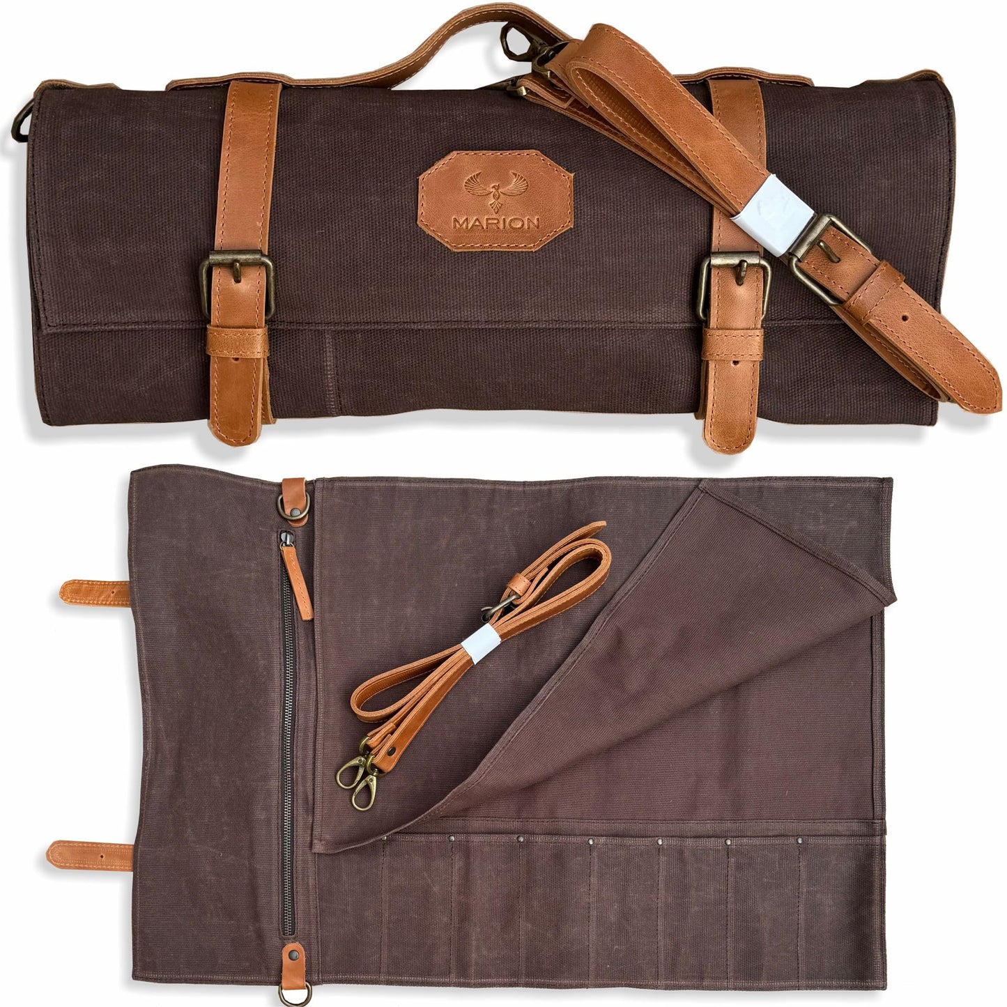 Le Voyageur Brown by Marion - Waxed Canvas with Genuine Calf Top Grain Leather - Handmade Professional Chef Knife Storage Roll Bag - 8 Pockets and Zippered Pocket, Brown
