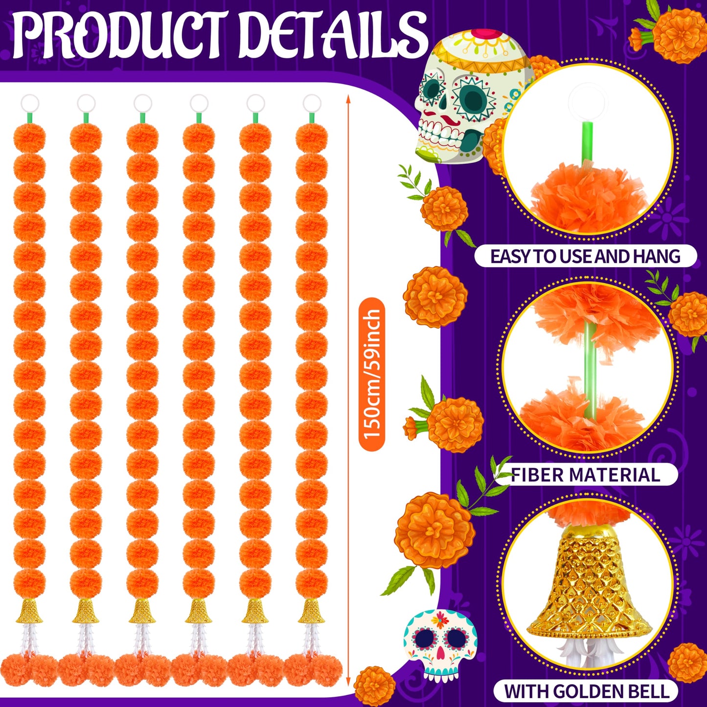 OCTERIC 6 Pcs 5 Ft Artificial Marigold Flowers Garland, Dia de Los Muertos Faux Garlands Diwali Decoration with Pendant Bell for Indian American Wedding Party Mantle Decor (Dark Orange)